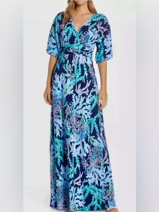 Lilly Pulitzer Dresses & Skirts - Lilly Pulitzer Navy & Aqua Coral-Print Maxi Dress